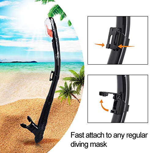 EXP VISION Dry Snorkel, Adult Dive Snorkel Free Breath Diving Snorkel Tube Food-Grade Silicone Mouthpiece Snorkeling Gear with Splash Guard Top Valve and Headstrap Clip for Snorkeling Swimming - Image 3