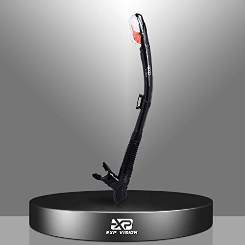 EXP VISION Dry Snorkel, Adult Dive Snorkel Free Breath Diving Snorkel Tube Food-Grade Silicone Mouthpiece Snorkeling Gear with Splash Guard Top Valve and Headstrap Clip for Snorkeling Swimming - Image 1