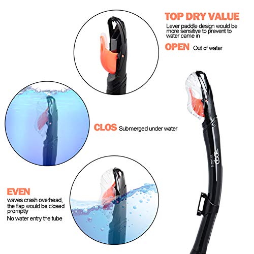 EXP VISION Dry Snorkel, Adult Dive Snorkel Free Breath Diving Snorkel Tube Food-Grade Silicone Mouthpiece Snorkeling Gear with Splash Guard Top Valve and Headstrap Clip for Snorkeling Swimming - Image 2