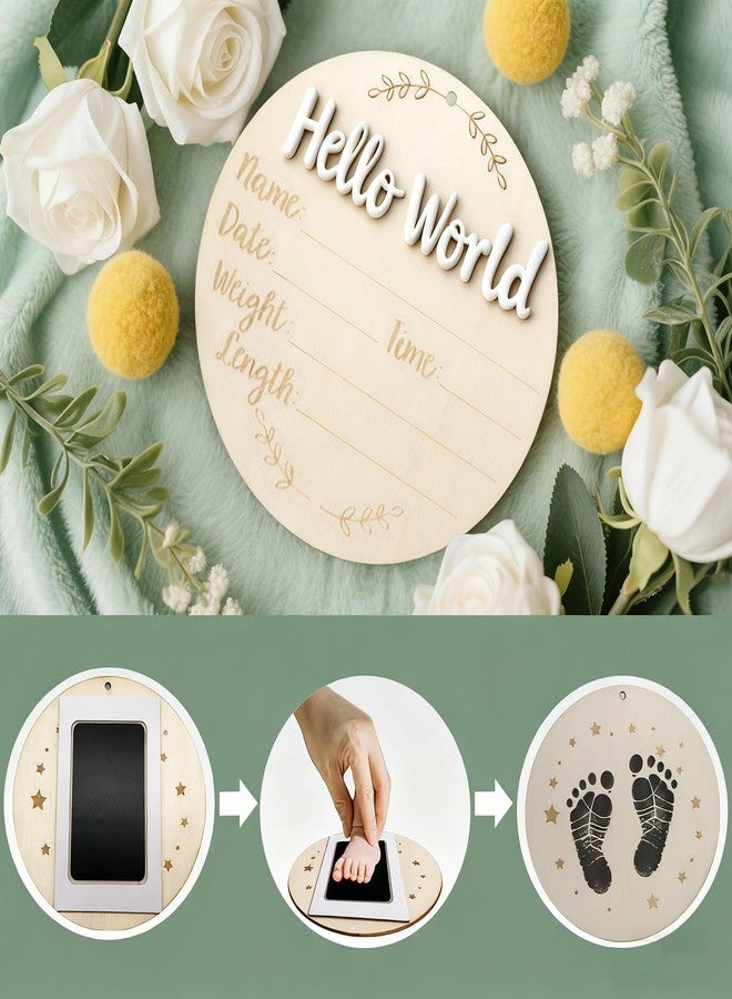 XCMVCN Baby Announcement Sign, 5.9 Inch Round Wooden Hello World Newborn Signs, Birth Announcement Sign: Equipped with Ink Pad Can Baby Handprints and Footprints for Photo Prop Hospital Nursery Gift - Image 2