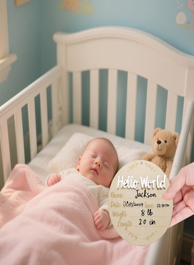 XCMVCN Baby Announcement Sign, 5.9 Inch Round Wooden Hello World Newborn Signs, Birth Announcement Sign: Equipped with Ink Pad Can Baby Handprints and Footprints for Photo Prop Hospital Nursery Gift - Image 4