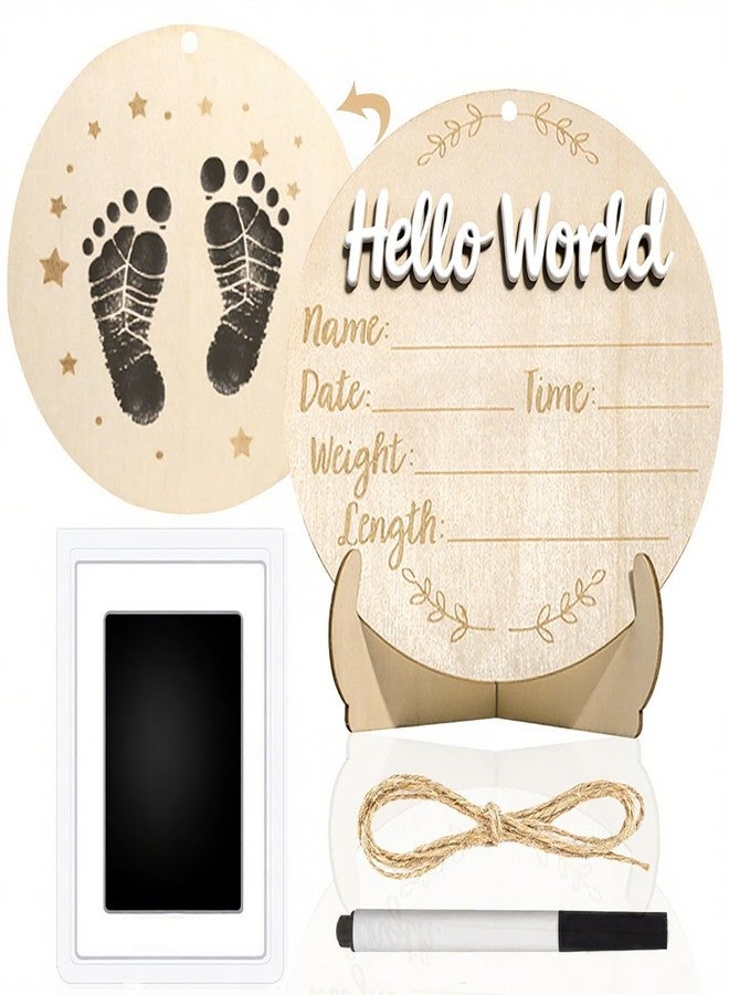 XCMVCN Baby Announcement Sign, 5.9 Inch Round Wooden Hello World Newborn Signs, Birth Announcement Sign: Equipped with Ink Pad Can Baby Handprints and Footprints for Photo Prop Hospital Nursery Gift - Image 1
