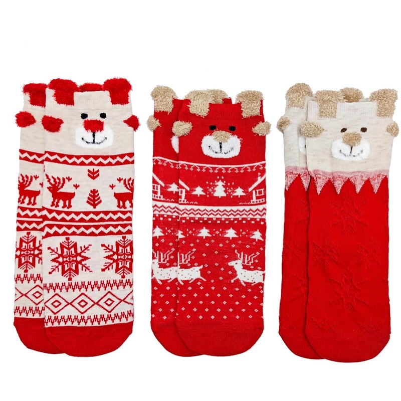 AiMi 3 Pairs Kids Elk Christmas Socks Girls Boys Holiday Sock Soft Casual Cotton Crew Socks with Gift Box for Children - Image 1