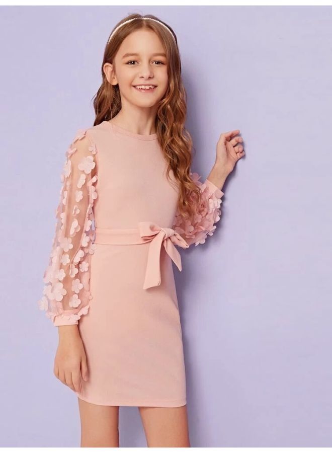 Girls Appliques Mesh Sleeve Self Belted Dress  - Image 2