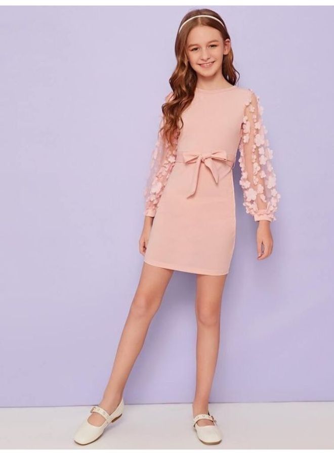 Girls Appliques Mesh Sleeve Self Belted Dress  - Image 1