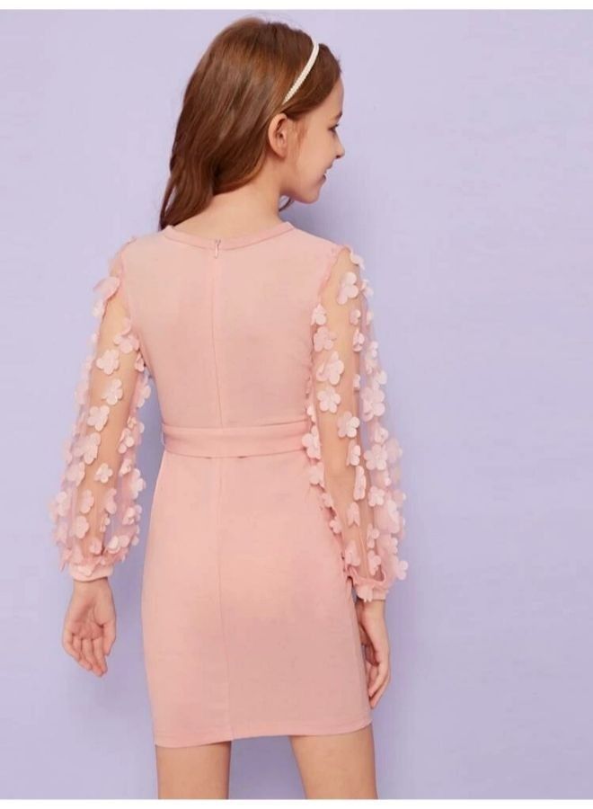 Girls Appliques Mesh Sleeve Self Belted Dress  - Image 3