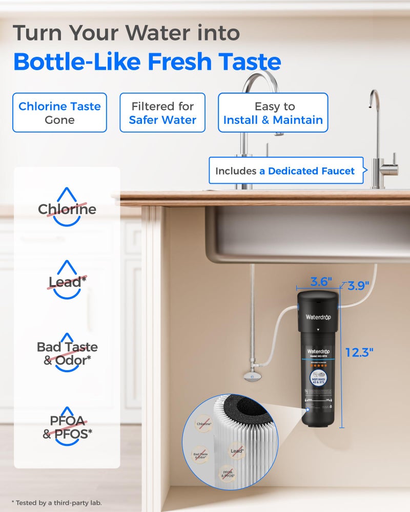 Waterdrop فلتر مياه تحت الحوض Waterdrop 10UB، يقلل من PFAS وPFOA/PFOS والرصاص والكلور والطعم السيئ، معتمد من NSF/ANSI 42، 11K جالون، سهل التركيب - Image 2