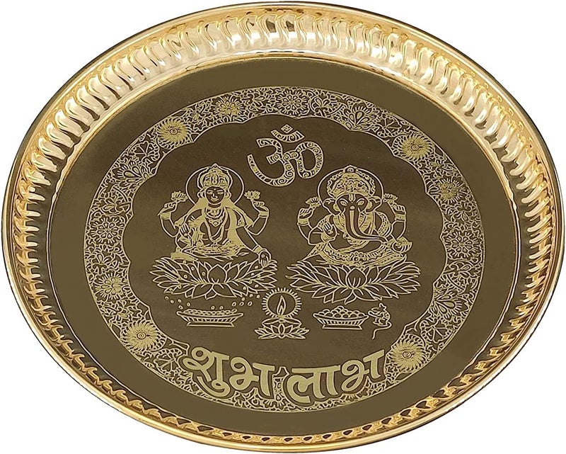 Nobility Brass Pooja Plate 8 Inch Ganesh Lakshmi Design Puja Set Arti Thali Traditional Indian for Home Office Mandir Wedding Return Diwali Decoration Gift Items - Image 3