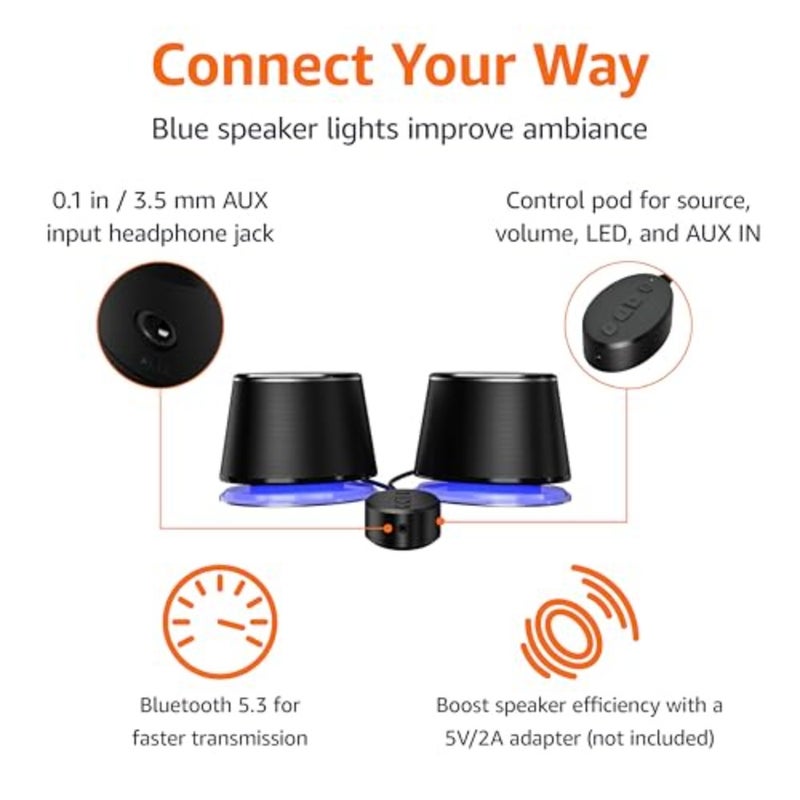 Bluetooth Computer Speakers with USB 3.0, LED Blue Lighting, Volume Control, USB Powered, Set of 2 - Image 2