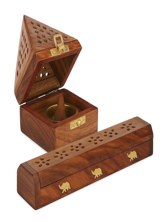 DigiRake Wooden Dhoop Stand & Agarbatti Stand Combo - Sheesham Wood Pyramid Sambrani Holder & 10 Inch Incense Stick Stand with Ash Catcher for Pooja & Home Decor - Image 2