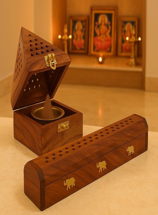 DigiRake Wooden Dhoop Stand & Agarbatti Stand Combo - Sheesham Wood Pyramid Sambrani Holder & 10 Inch Incense Stick Stand with Ash Catcher for Pooja & Home Decor - Image 1