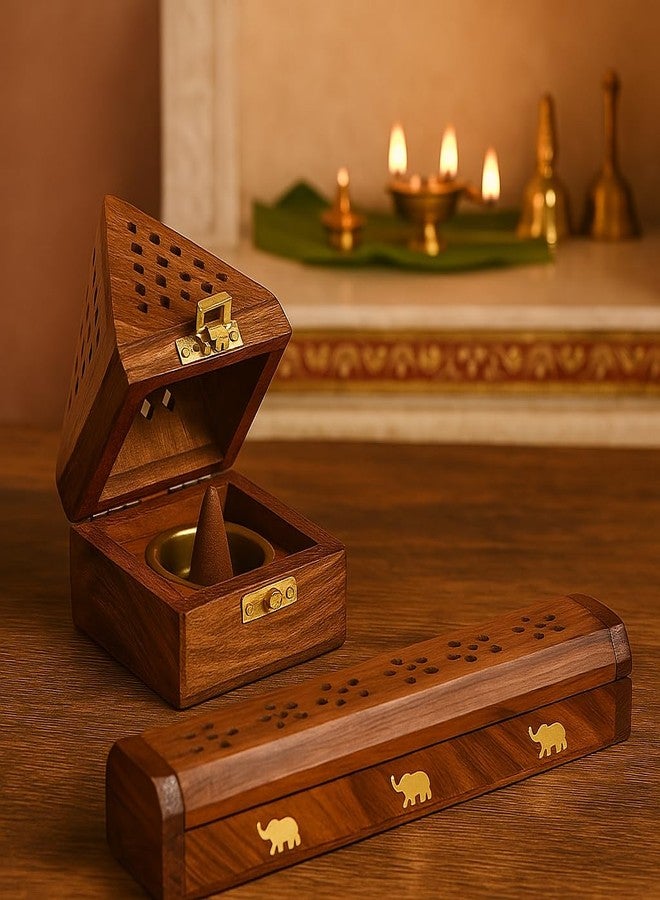 DigiRake Wooden Dhoop Stand & Agarbatti Stand Combo - Sheesham Wood Pyramid Sambrani Holder & 10 Inch Incense Stick Stand with Ash Catcher for Pooja & Home Decor - Image 3