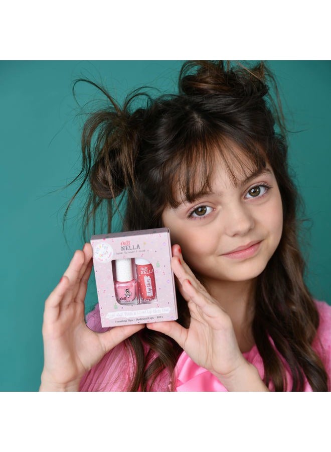 Miss NELLA Pink Secret Lips & Tips duo- Scented Lip Gloss + Glitter Nail Polish for Kids with Peel-off, Water Based & Odour Free Formula - Image 2