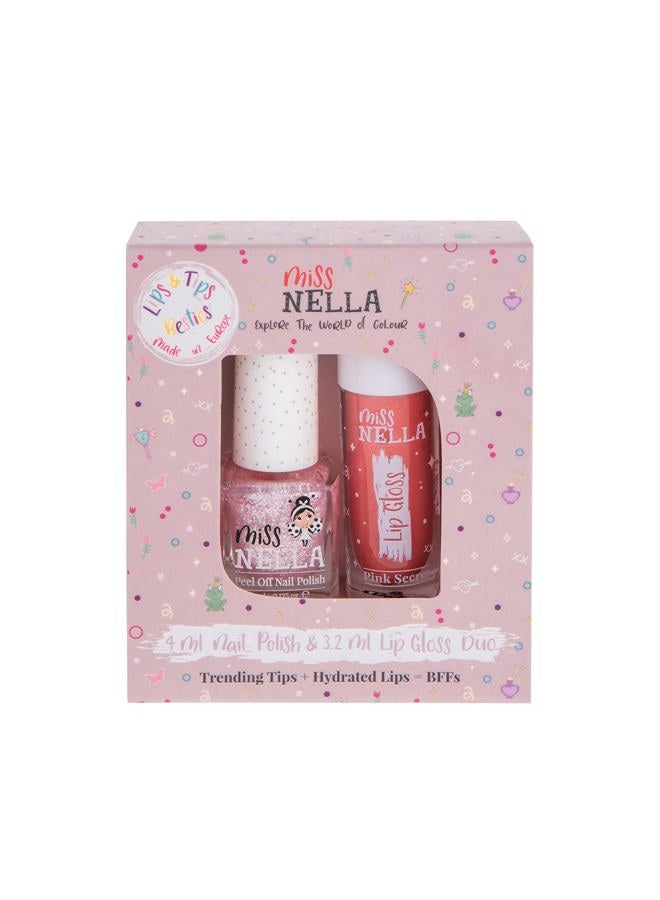 Miss NELLA Pink Secret Lips & Tips duo- Scented Lip Gloss + Glitter Nail Polish for Kids with Peel-off, Water Based & Odour Free Formula - Image 1