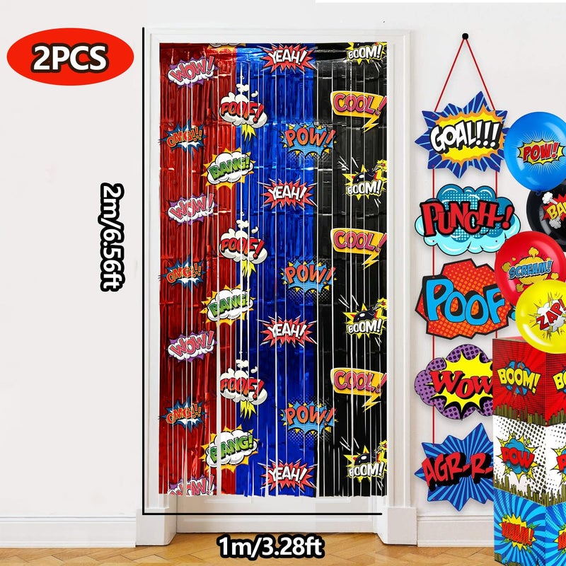 partyzoa Hero Foil Fringe Curtains Backdrop Birthday Party Decorations, 2 Pack 3.28 x 6.56 Ft Red Blue Black Foil Fringe Curtain Tinsel Streamer Photo Booth Props Hero Birthday Party Supplies Favors - Image 4