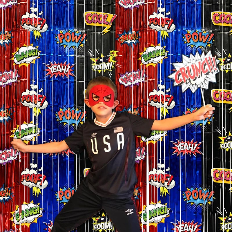 partyzoa Hero Foil Fringe Curtains Backdrop Birthday Party Decorations, 2 Pack 3.28 x 6.56 Ft Red Blue Black Foil Fringe Curtain Tinsel Streamer Photo Booth Props Hero Birthday Party Supplies Favors - Image 3