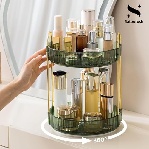 Satpurush 360° Rotating Makeup Organizer Box - Cosmetic Storage with Drawers, Plastic Makeup Holder Stand for Dressing Table, Lipsticks, Nail Polishes & Accessories (2 Layer, Gem Green) - Image 3