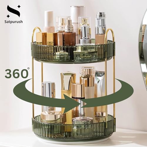 Satpurush 360° Rotating Makeup Organizer Box - Cosmetic Storage with Drawers, Plastic Makeup Holder Stand for Dressing Table, Lipsticks, Nail Polishes & Accessories (2 Layer, Gem Green) - Image 2