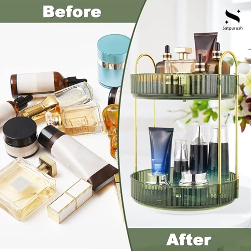 Satpurush 360° Rotating Makeup Organizer Box - Cosmetic Storage with Drawers, Plastic Makeup Holder Stand for Dressing Table, Lipsticks, Nail Polishes & Accessories (2 Layer, Gem Green) - Image 5