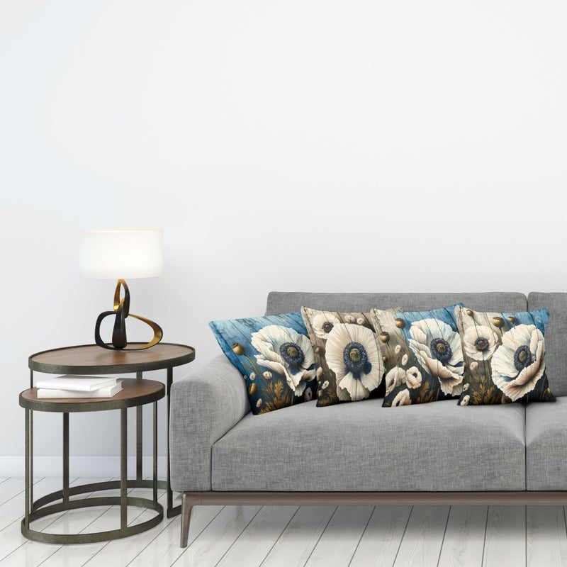 Ambesonne Flower Throw Pillow Cushion Cover Set of 4  Rustic Floral Motif with Brushstroke Details Bold Poppy Blossoms Print  Decorative Accent Double-Sided Printing  24""  Blue Dark Tan and Fawn - Image 3