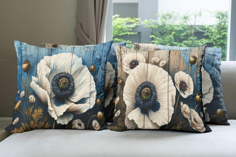 Ambesonne Flower Throw Pillow Cushion Cover Set of 4  Rustic Floral Motif with Brushstroke Details Bold Poppy Blossoms Print  Decorative Accent Double-Sided Printing  24""  Blue Dark Tan and Fawn - Image 4