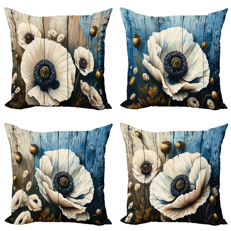 Ambesonne Flower Throw Pillow Cushion Cover Set of 4  Rustic Floral Motif with Brushstroke Details Bold Poppy Blossoms Print  Decorative Accent Double-Sided Printing  24""  Blue Dark Tan and Fawn - Image 1