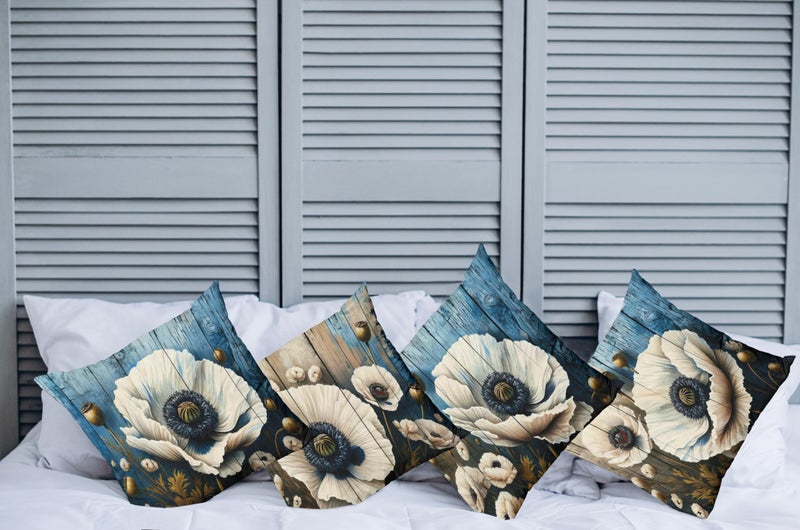 Ambesonne Flower Throw Pillow Cushion Cover Set of 4  Rustic Floral Motif with Brushstroke Details Bold Poppy Blossoms Print  Decorative Accent Double-Sided Printing  24""  Blue Dark Tan and Fawn - Image 2