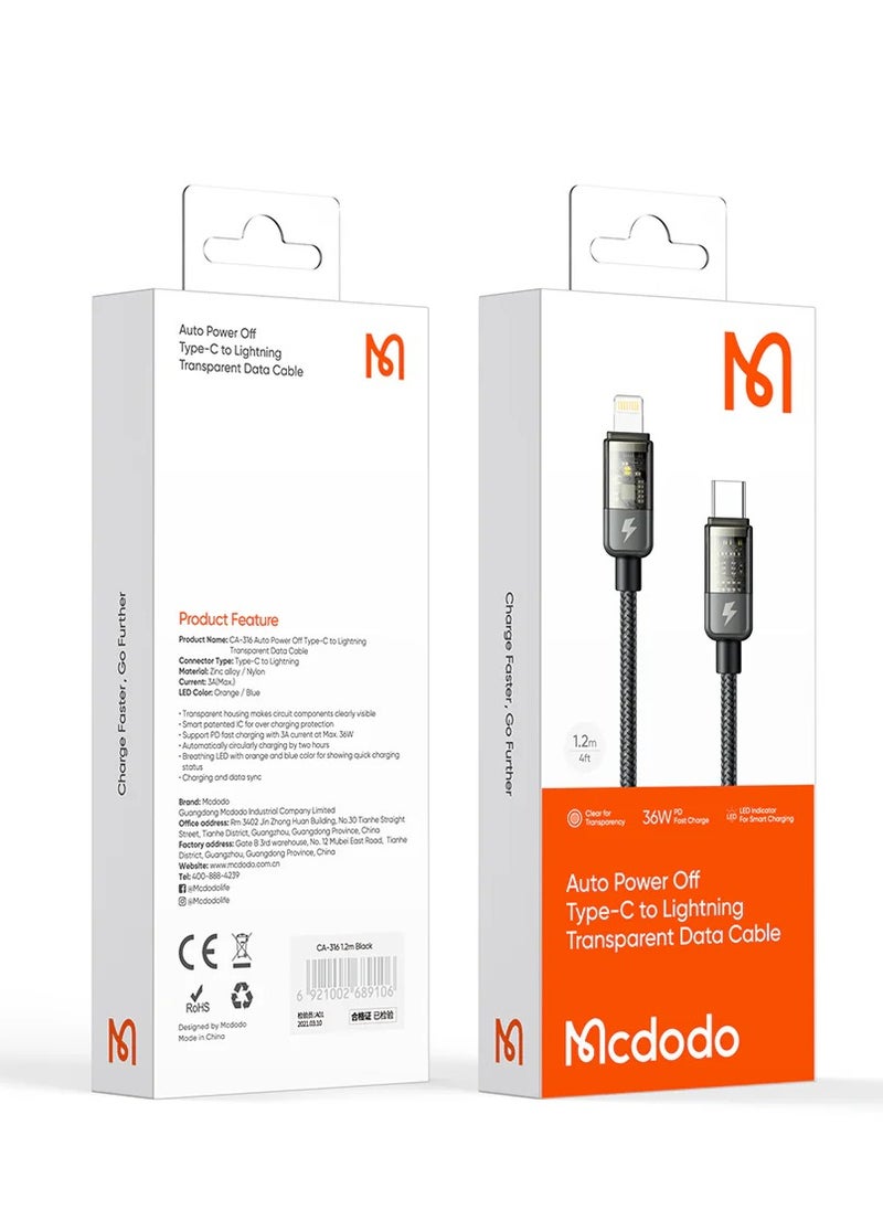 Mcdodo CA3160 Auto Power Off Type-C to Lightning Transparent Data Cable