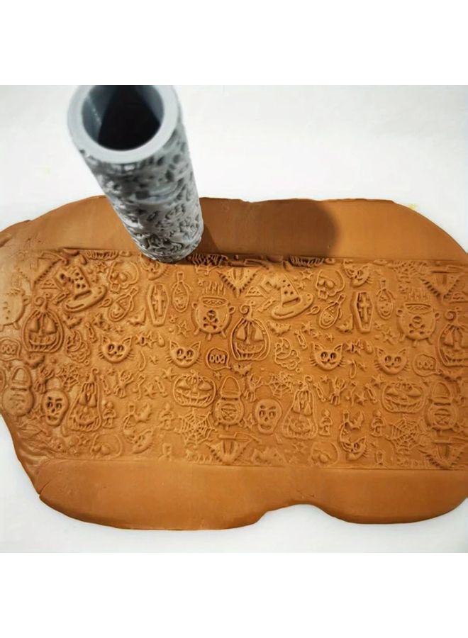 Polymer Clay Texture Rolling Pin For Halloween Gothic And Fairy Tale Designs DIY Crafts Clay Slab Art Wavy Line Leaf Heart Star Skull Bat Witch Mushroom Face Bone Motif Durable Precise Texture Roller No Carving Or Electricity Needed - Image 4