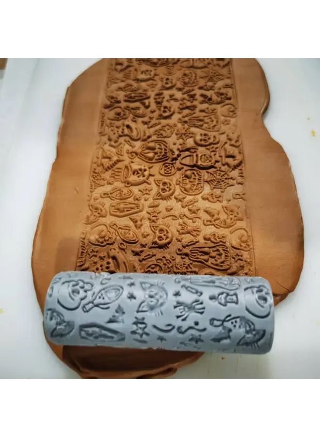 Polymer Clay Texture Rolling Pin For Halloween Gothic And Fairy Tale Designs DIY Crafts Clay Slab Art Wavy Line Leaf Heart Star Skull Bat Witch Mushroom Face Bone Motif Durable Precise Texture Roller No Carving Or Electricity Needed - Image 3