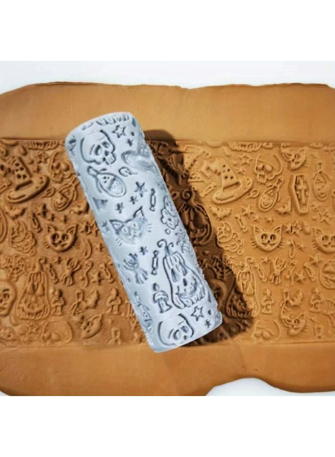 Polymer Clay Texture Rolling Pin For Halloween Gothic And Fairy Tale Designs DIY Crafts Clay Slab Art Wavy Line Leaf Heart Star Skull Bat Witch Mushroom Face Bone Motif Durable Precise Texture Roller No Carving Or Electricity Needed - Image 1