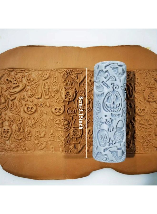 Polymer Clay Texture Rolling Pin For Halloween Gothic And Fairy Tale Designs DIY Crafts Clay Slab Art Wavy Line Leaf Heart Star Skull Bat Witch Mushroom Face Bone Motif Durable Precise Texture Roller No Carving Or Electricity Needed - Image 2