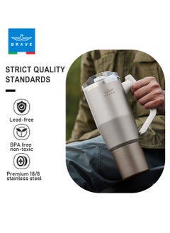 Brave 40oz (1200ml) Stainless Steel Insulated Tumbler with 180° Rotating Handle and Lid with Straw, 100% Leak Proof Travel Coffee Mug, Double Wall Vacuum Insulated Tumbler, Keeps Drinks Cold for 24 Hours or Hot for 12 Hours, BPA Free, Durable, Reusable, Cup Holder Friendly, Large Coffee Mug and Water Bottle for Hot and Cold Drinks, Perfect for Office, Travel, Gym (Beige)  - Image 2
