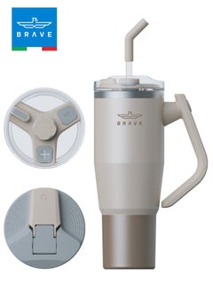 Brave 40oz (1200ml) Stainless Steel Insulated Tumbler with 180° Rotating Handle and Lid with Straw, 100% Leak Proof Travel Coffee Mug, Double Wall Vacuum Insulated Tumbler, Keeps Drinks Cold for 24 Hours or Hot for 12 Hours, BPA Free, Durable, Reusable, Cup Holder Friendly, Large Coffee Mug and Water Bottle for Hot and Cold Drinks, Perfect for Office, Travel, Gym (Beige)  - Image 1