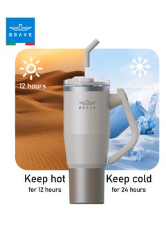 Brave 40oz (1200ml) Stainless Steel Insulated Tumbler with 180° Rotating Handle and Lid with Straw, 100% Leak Proof Travel Coffee Mug, Double Wall Vacuum Insulated Tumbler, Keeps Drinks Cold for 24 Hours or Hot for 12 Hours, BPA Free, Durable, Reusable, Cup Holder Friendly, Large Coffee Mug and Water Bottle for Hot and Cold Drinks, Perfect for Office, Travel, Gym (Beige)  - Image 3