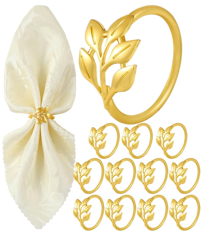 MONKKINO Napkin Rings Set of 12, Shiny Gold Napkin Rings, Smooth, Easy Care, Solid Zinc Alloy Leaf Shaped Elegant Table Decor, Stylish Napkin Ring Bulk for Holidays Wedding, Party, New Homes Gift - Image 1