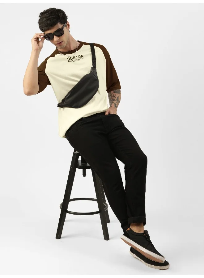 Maniac Mens Printed Round Neck raglan 3/4th Sleeve Beige & Brown Cotton Oversized Tshirt