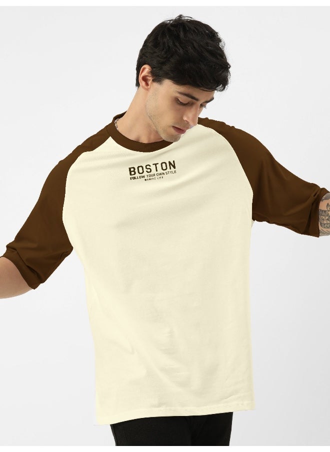 Maniac Mens Printed Round Neck raglan 3/4th Sleeve Beige & Brown Cotton Oversized Tshirt  - Image 2