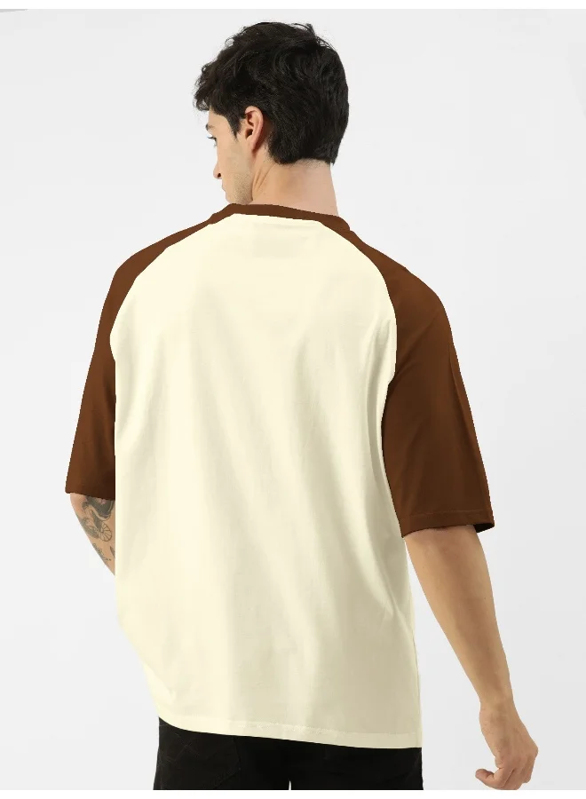 Maniac Mens Printed Round Neck raglan 3/4th Sleeve Beige & Brown Cotton Oversized Tshirt
