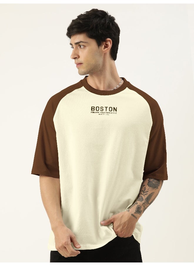 Maniac Mens Printed Round Neck raglan 3/4th Sleeve Beige & Brown Cotton Oversized Tshirt  - Image 1