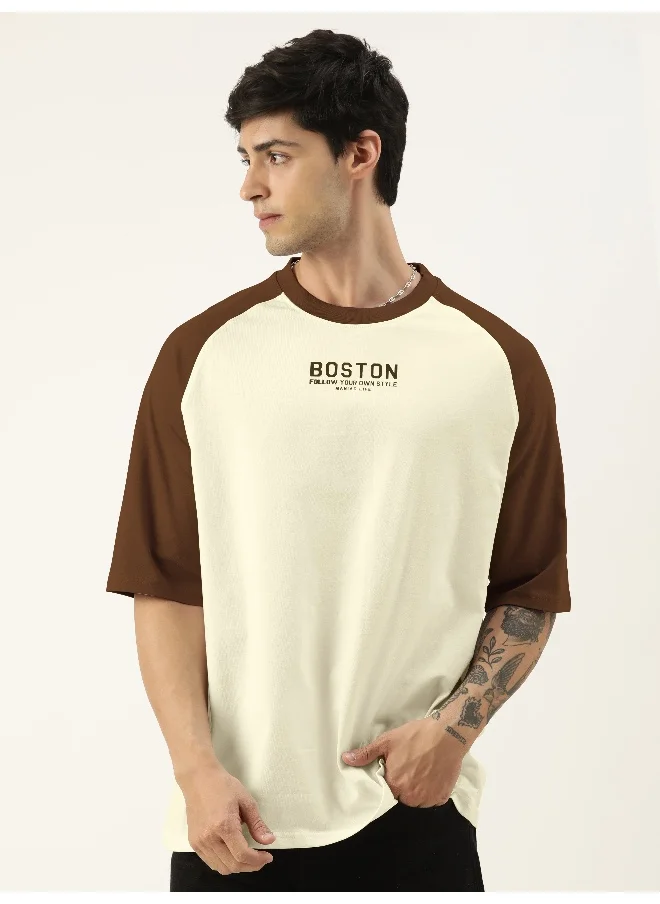 مانياك Mens Printed Round Neck raglan 3/4th Sleeve Beige & Brown Cotton Oversized Tshirt