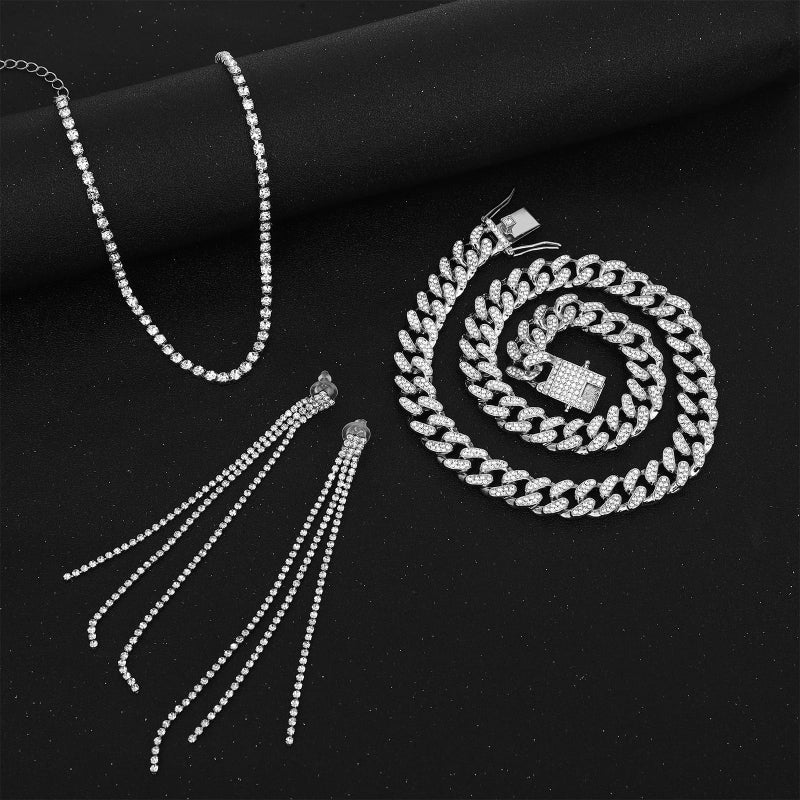 NEWITIN 13 Pieces Silver Jewelry Set for Women Stainless Steel Cuban Link Necklaces Bracelets Earrings Watch Ring Bling Cubic Zirconia Cuban Jewelry Set for Women Men - Image 4