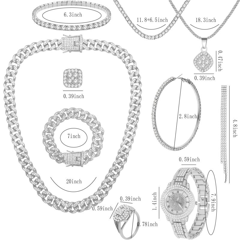NEWITIN 13 Pieces Silver Jewelry Set for Women Stainless Steel Cuban Link Necklaces Bracelets Earrings Watch Ring Bling Cubic Zirconia Cuban Jewelry Set for Women Men - Image 2
