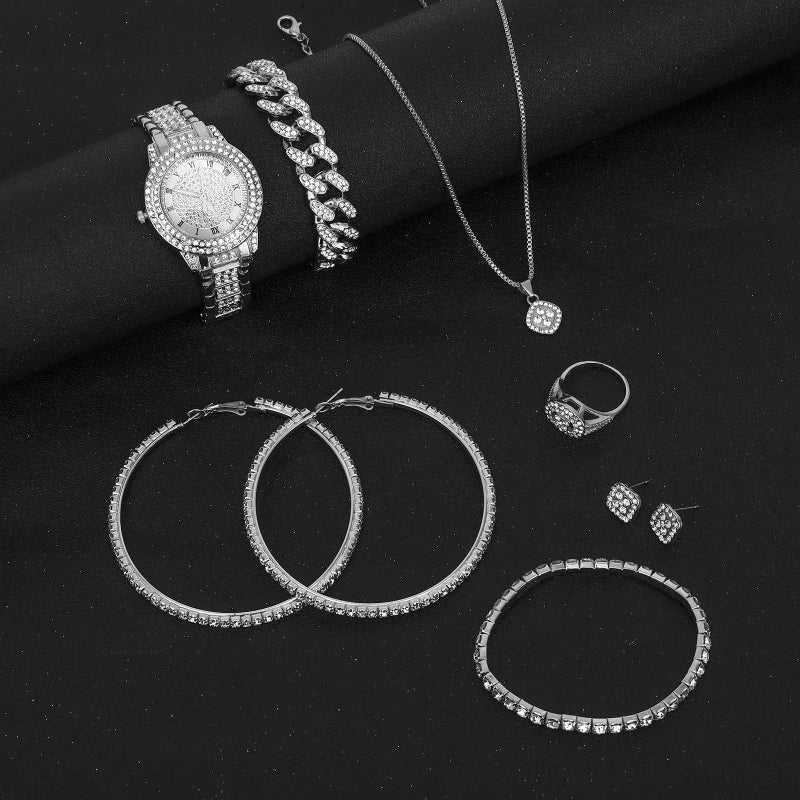 NEWITIN 13 Pieces Silver Jewelry Set for Women Stainless Steel Cuban Link Necklaces Bracelets Earrings Watch Ring Bling Cubic Zirconia Cuban Jewelry Set for Women Men - Image 3