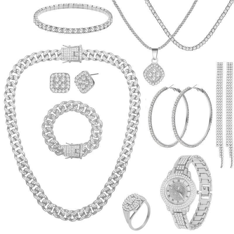 NEWITIN 13 Pieces Silver Jewelry Set for Women Stainless Steel Cuban Link Necklaces Bracelets Earrings Watch Ring Bling Cubic Zirconia Cuban Jewelry Set for Women Men - Image 1