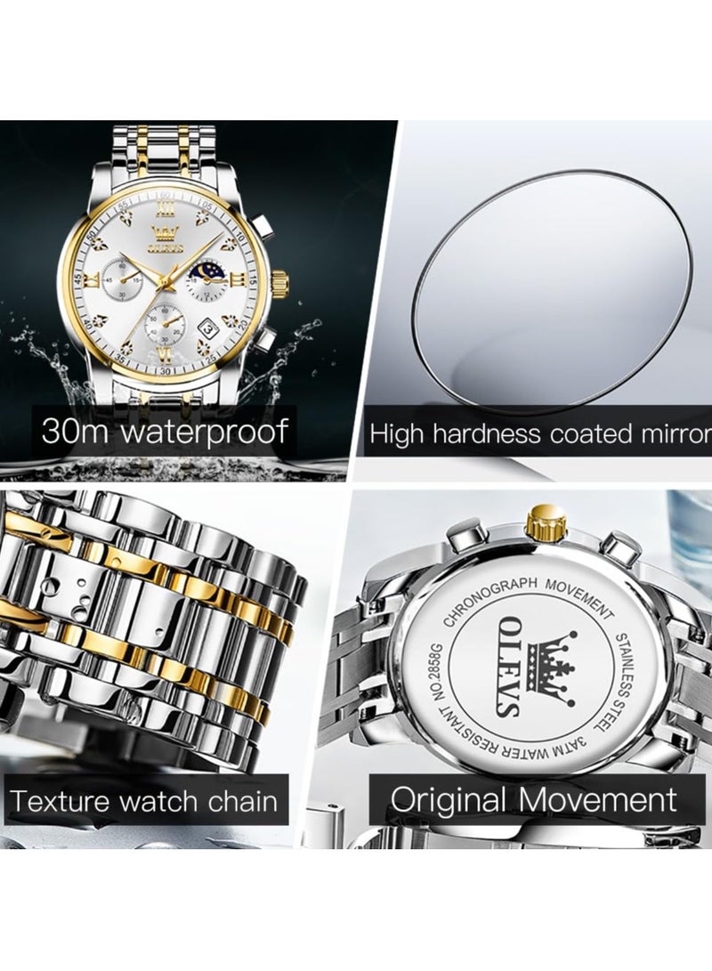 OLEVS Diamond Watches for Men,Business Dress Watch Waterproof Luminous,Male Golden Big Dial Luxury Casual Quartz Analog Watches with Day Date Calendar and Stainless Steel Band - Image 4