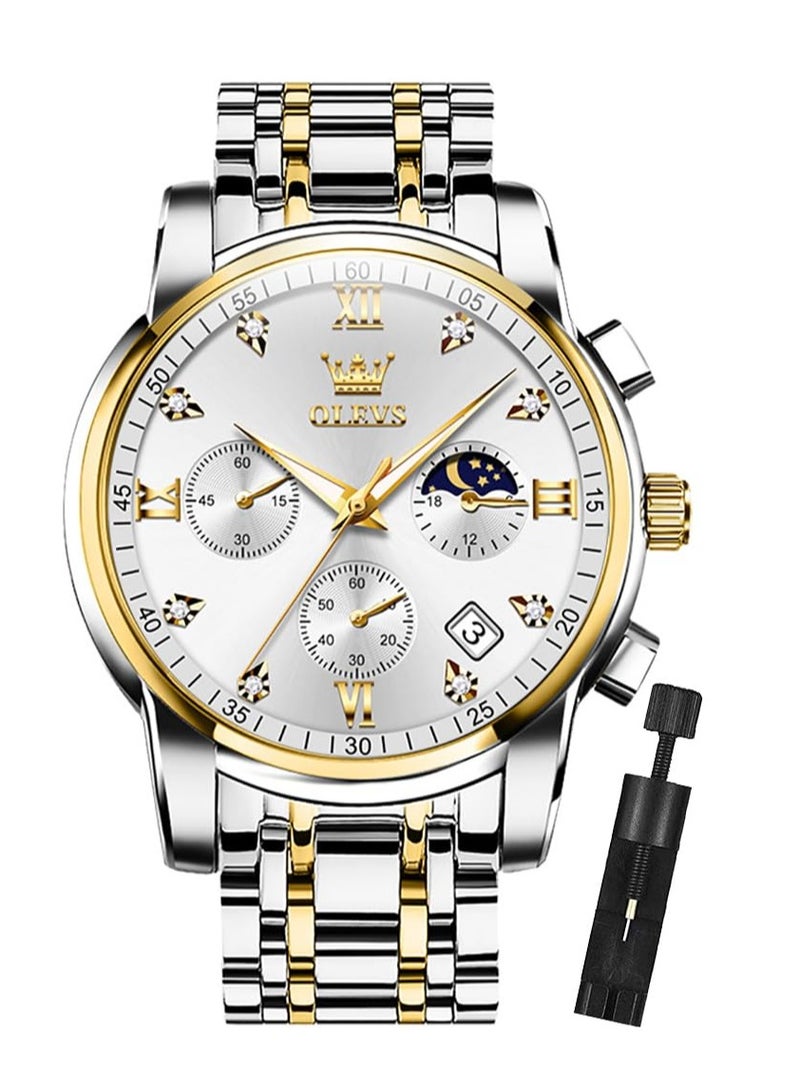 OLEVS Diamond Watches for Men,Business Dress Watch Waterproof Luminous,Male Golden Big Dial Luxury Casual Quartz Analog Watches with Day Date Calendar and Stainless Steel Band - Image 1