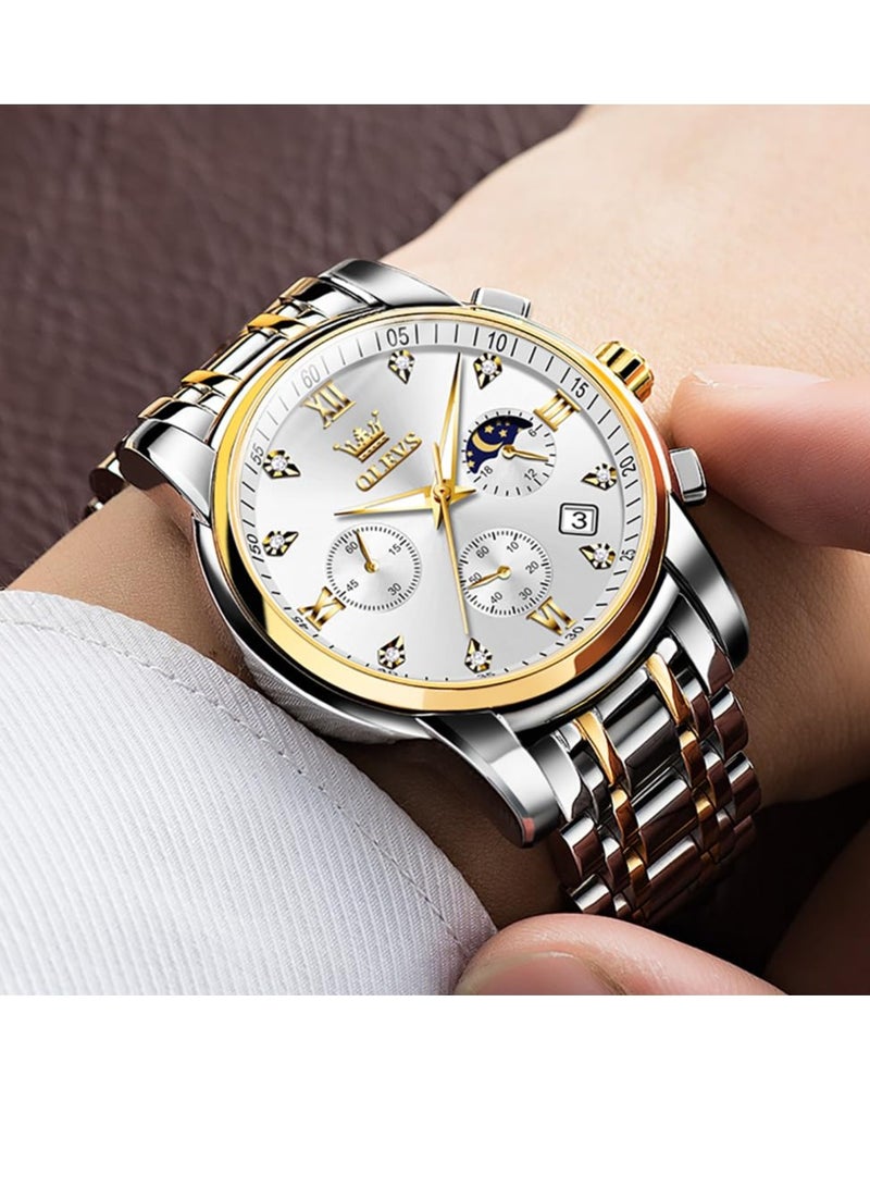 OLEVS Diamond Watches for Men,Business Dress Watch Waterproof Luminous,Male Golden Big Dial Luxury Casual Quartz Analog Watches with Day Date Calendar and Stainless Steel Band - Image 3