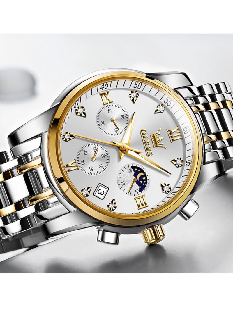 OLEVS Diamond Watches for Men,Business Dress Watch Waterproof Luminous,Male Golden Big Dial Luxury Casual Quartz Analog Watches with Day Date Calendar and Stainless Steel Band - Image 2