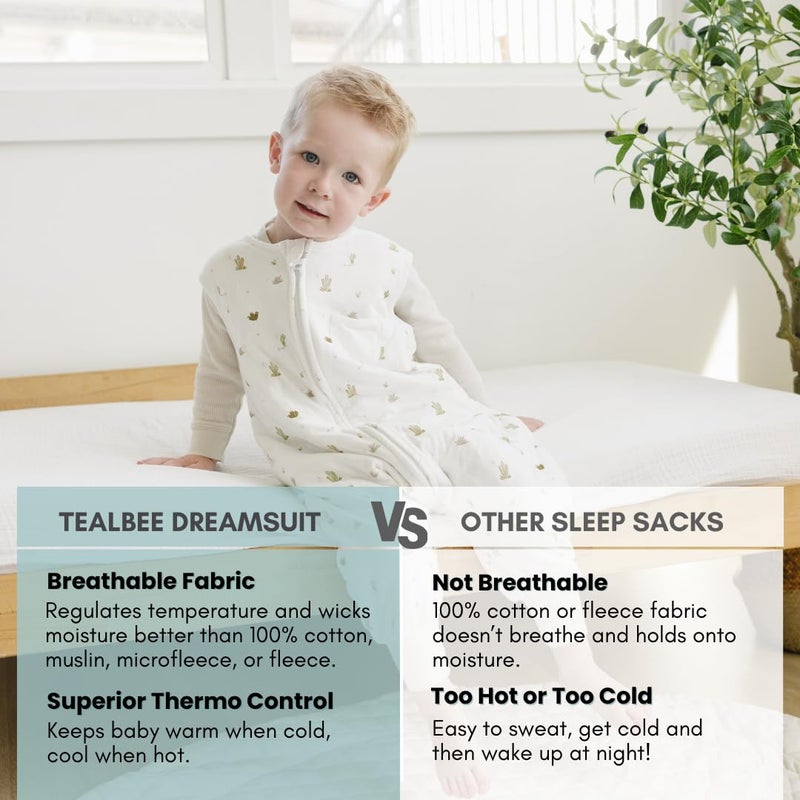Tealbee Dreamsuit Toddler Sleep Sack with Feet â€“ Walker Sleep Bag with Legs, Rayon made from Bamboo, Summer 0.8 TOG, 2-Way Zipper, 12m-2T - Cactus - Image 3